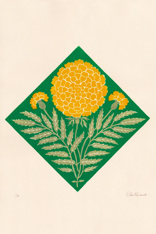 ellen merchant limited edition print with green background and large yellow Marigold 13.7" x 19.6" 