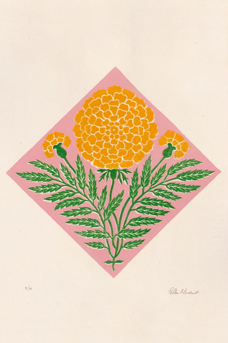 ellen merchant limited edition print with pink background and large yellow Marigold 13.7" x 19.6" 