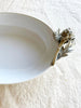 serving dish white with pewter artichoke handle detail view