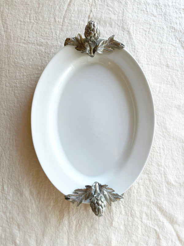 serving tray white with pewter artichoke handles vertical