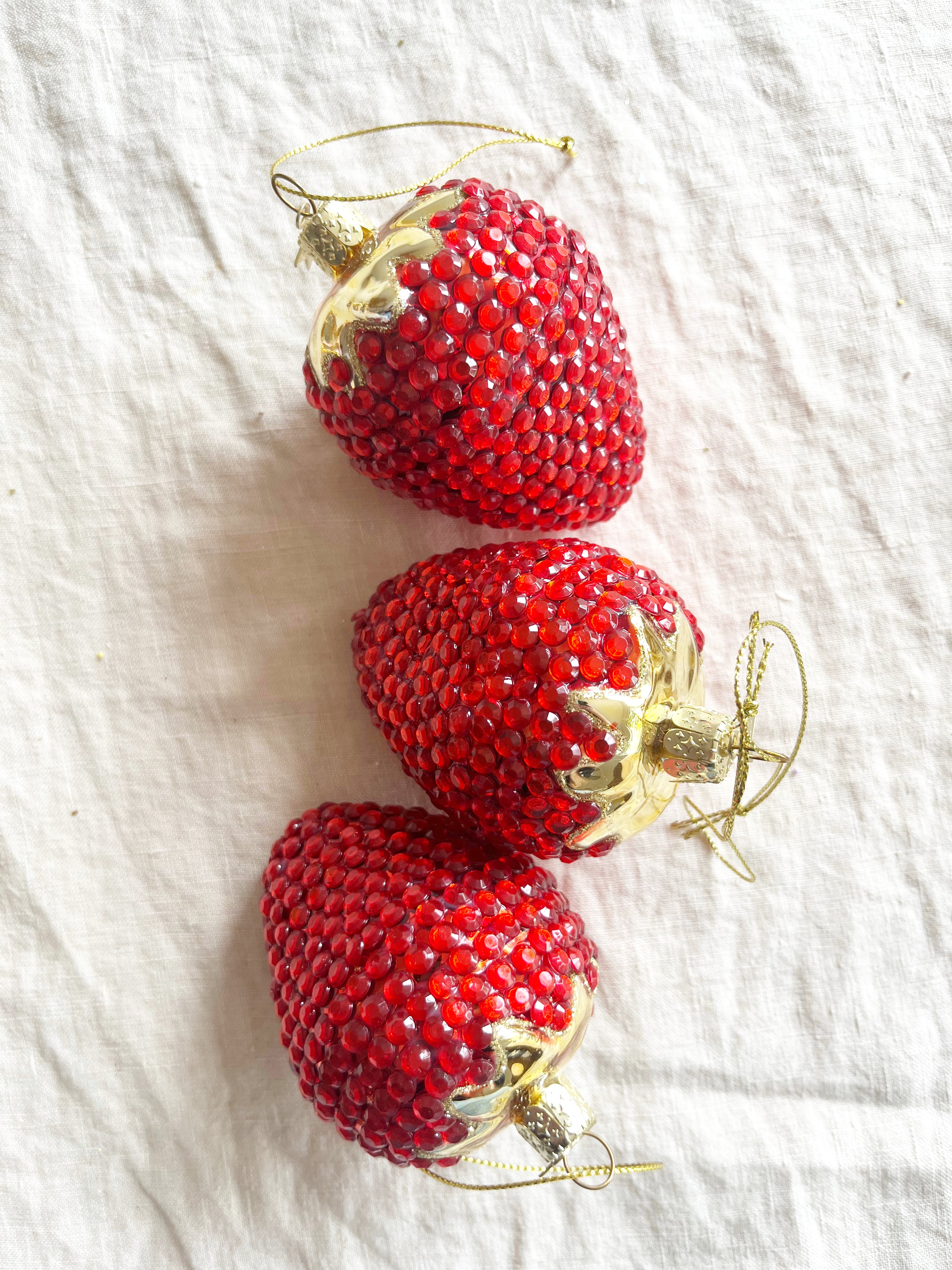 sparkly red srawberry glass christmas ornament in group of three