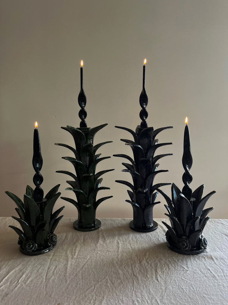 blue taper candle holder shaped like the top of a pineapple 16.6 inches tall show with other size options