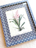 blue and white interlocking ring print paper wrapped frame and mat with pink botanical print 12" by 15" detail view