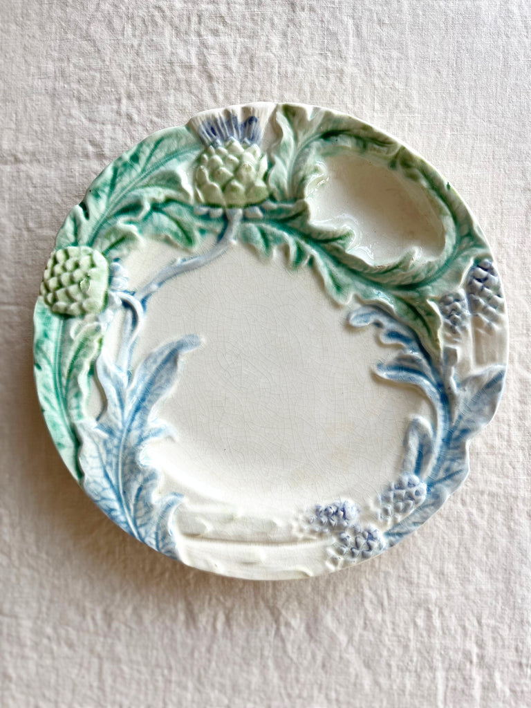 vintage ironstone asparagus plate white with blue and green asparagus edge on white table