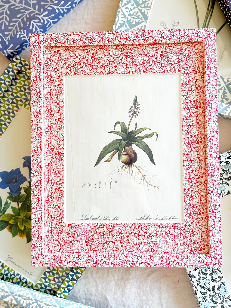 red and white chintz print paper wrapped frame and mat with blue botanical print 12" by 15" with other color options