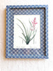 blue and white interlocking ring print paper wrapped frame and mat with pink floral botanical print 12" by 15"