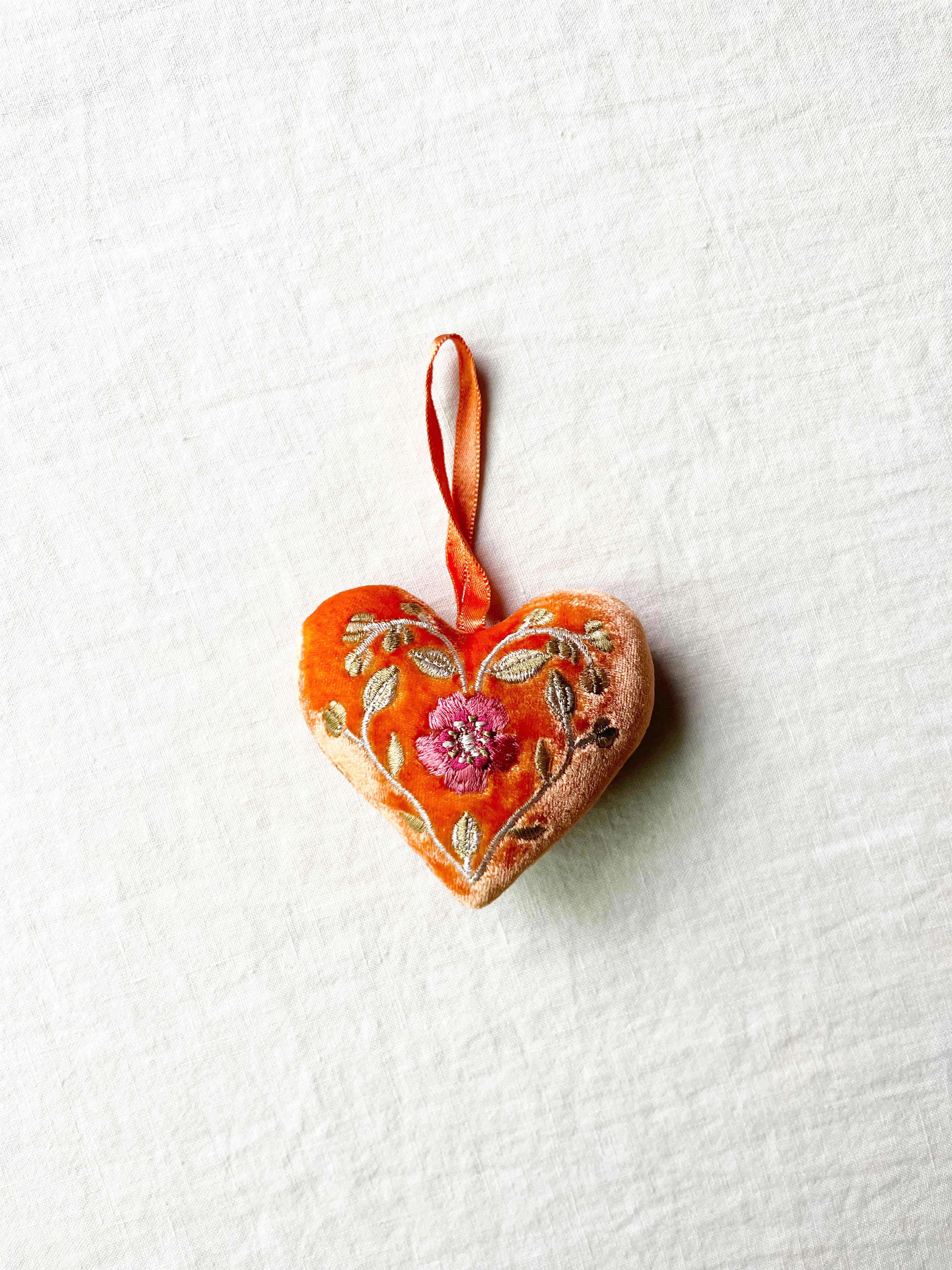 Aditi Velvet Heart Ornament - Tangerine