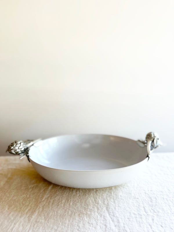serving dish white with pewter artichoke handles