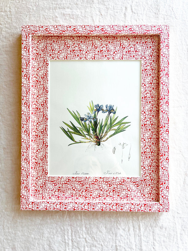 red and white chintz print paper wrapped frame and mat with blue botanical print 12" by 15"