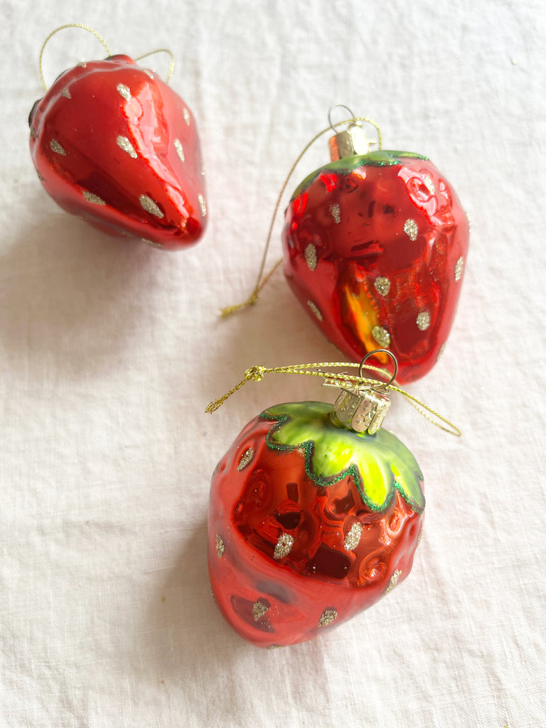 strawberry glass christmas ornament in group of three