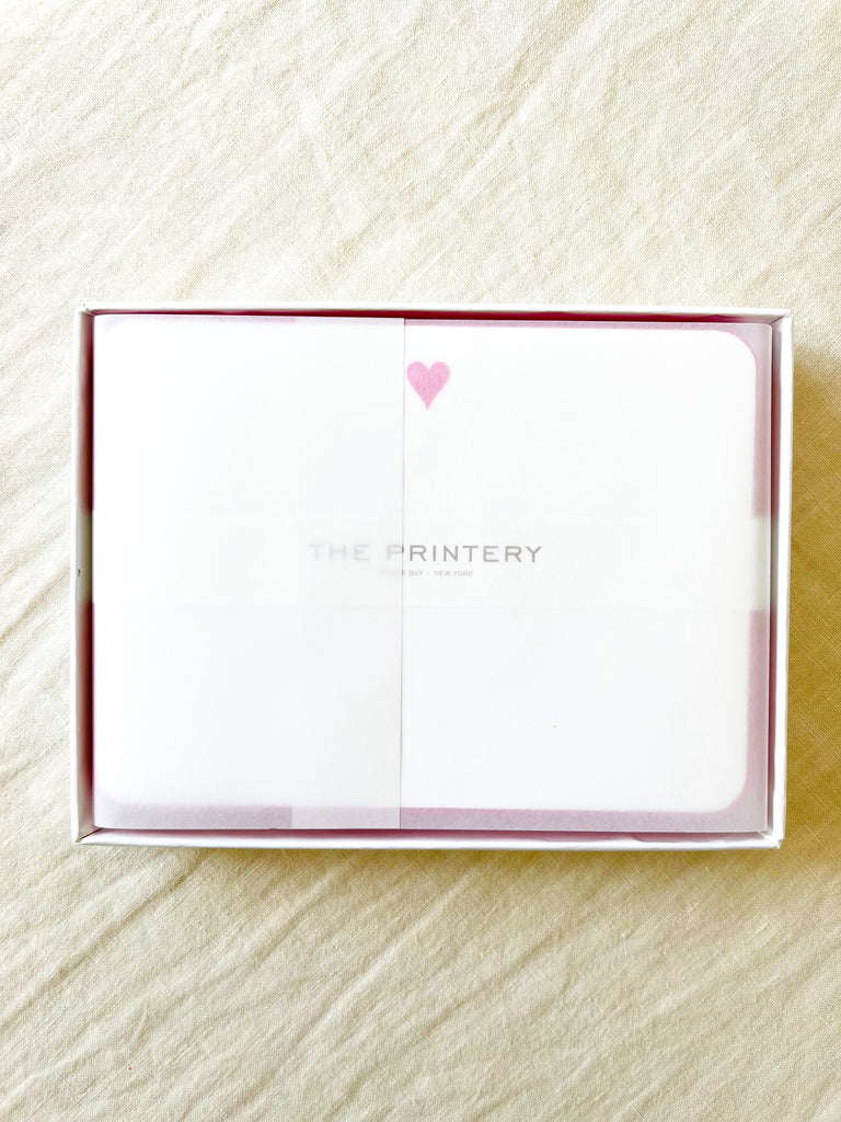The Printery bold heart Note Cards white with pink heart and pink edge 6.25 by 4.5 inches in box