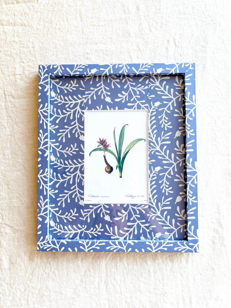 blue and white branch print paper wrapped frame and mat with purple floral botanical print 11" by 13"