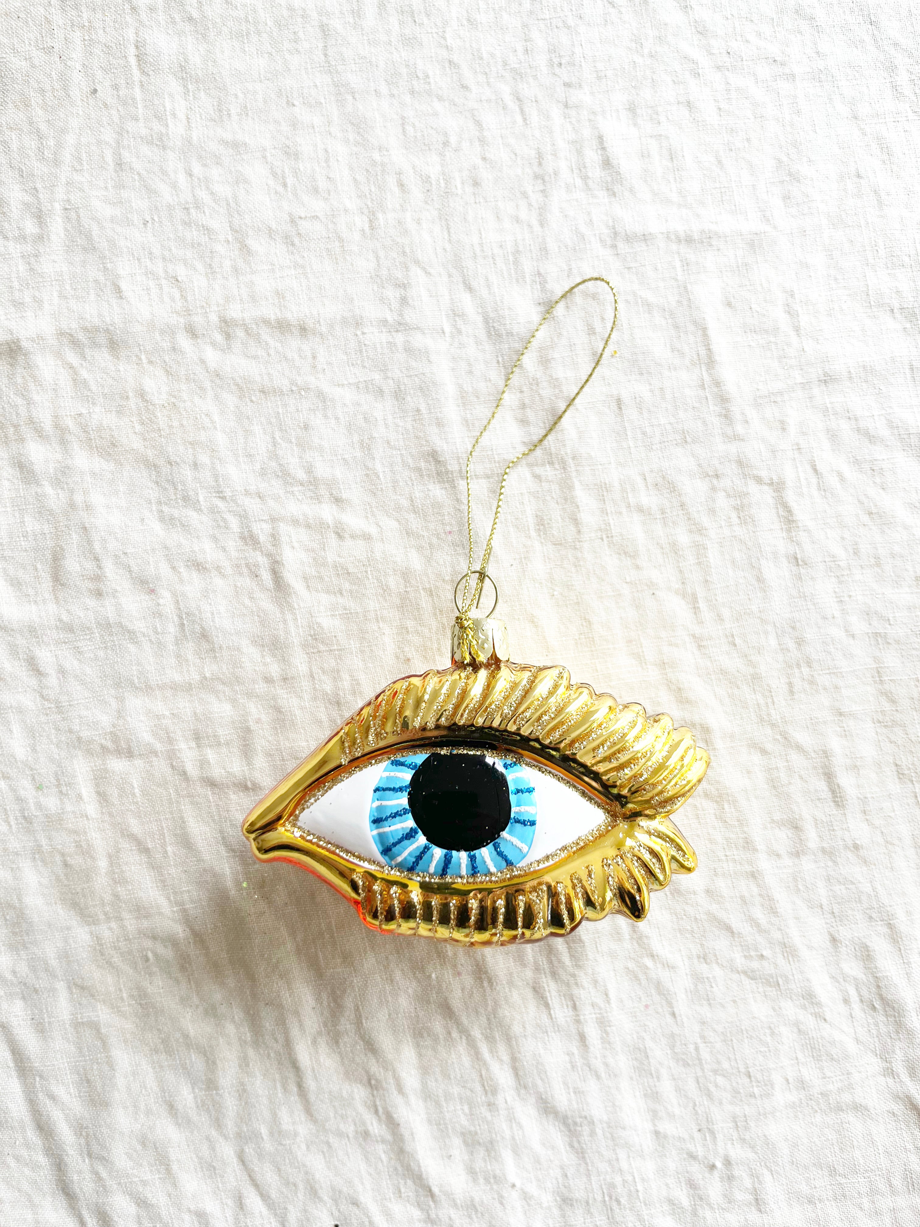 hand blown glass christmas ornament shaped like eye