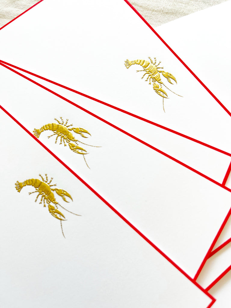 The Printery Lobby Lobster Note Cards white with gold lobster and red edge 6.25 by 4.5 inches detail view of lobster