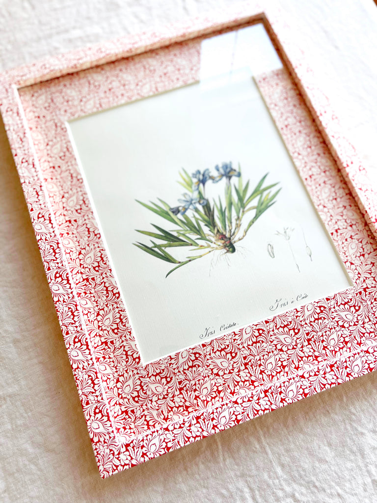red and white chintz print paper wrapped frame and mat with blue botanical print 12" by 15" detail view