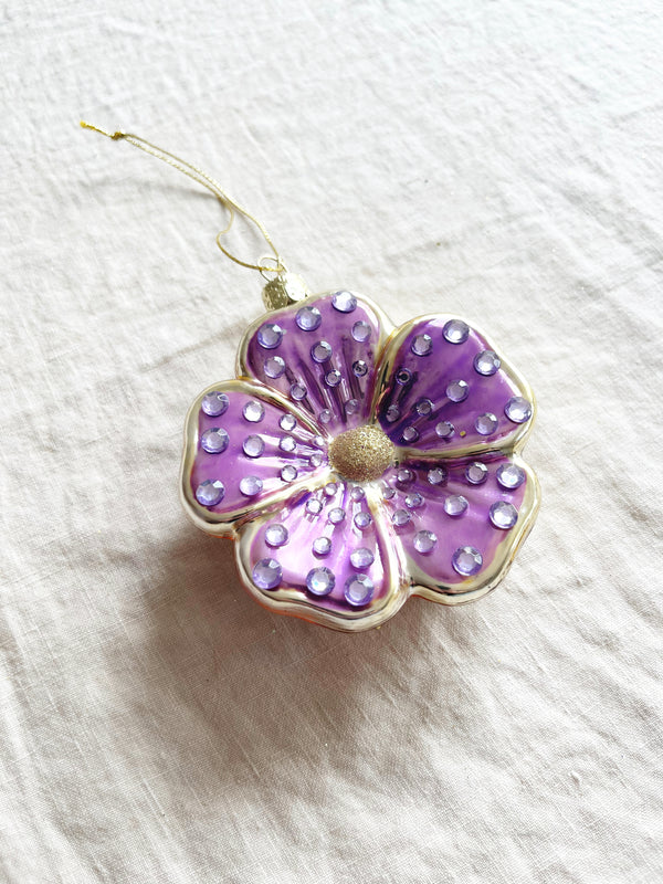 flower shaped glass christmas ornament in lavender detail view