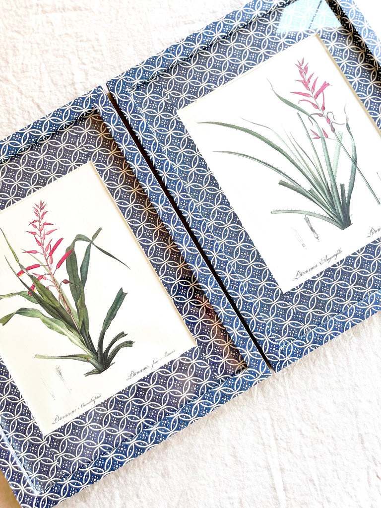 blue and white interlocking ring print paper wrapped frame and mat with pink floral botanical print 12" by 15" in group of two