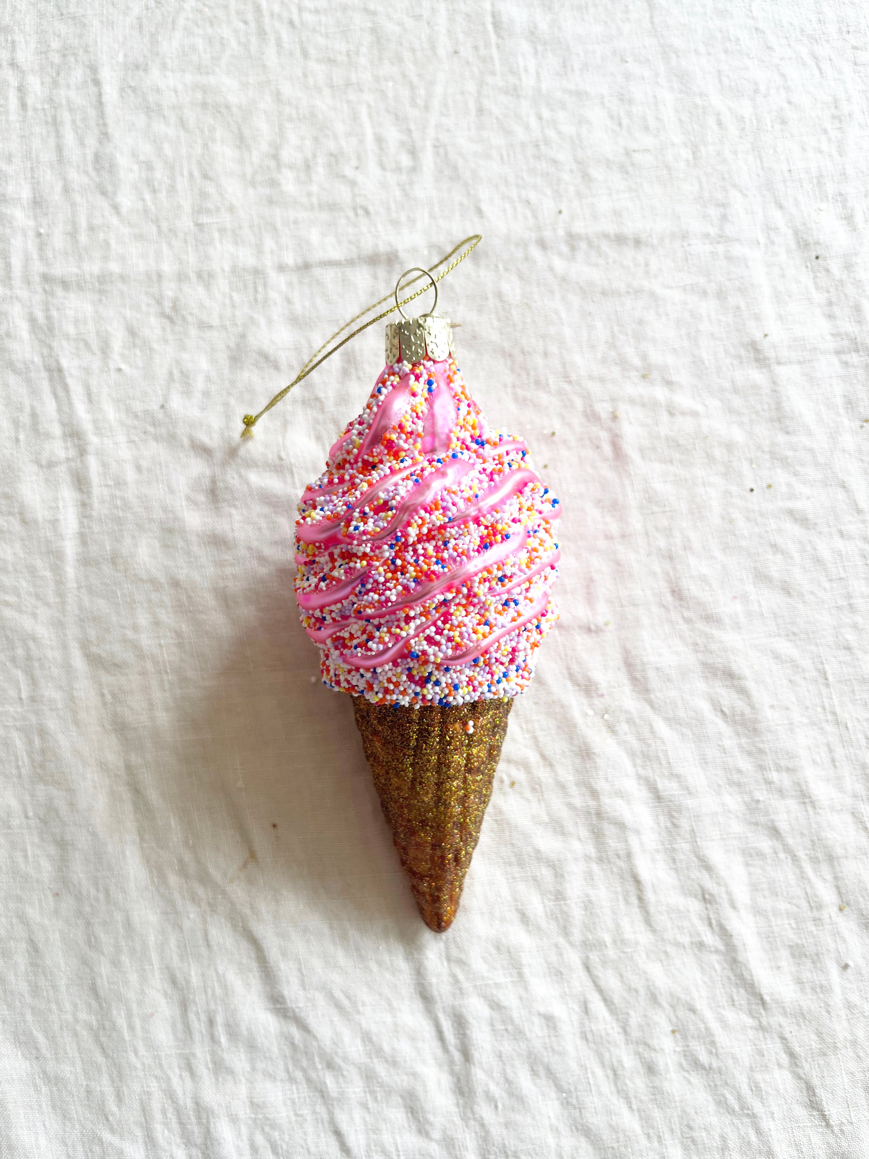 pink Ice Cream Cone Glass Christmas Ornament 