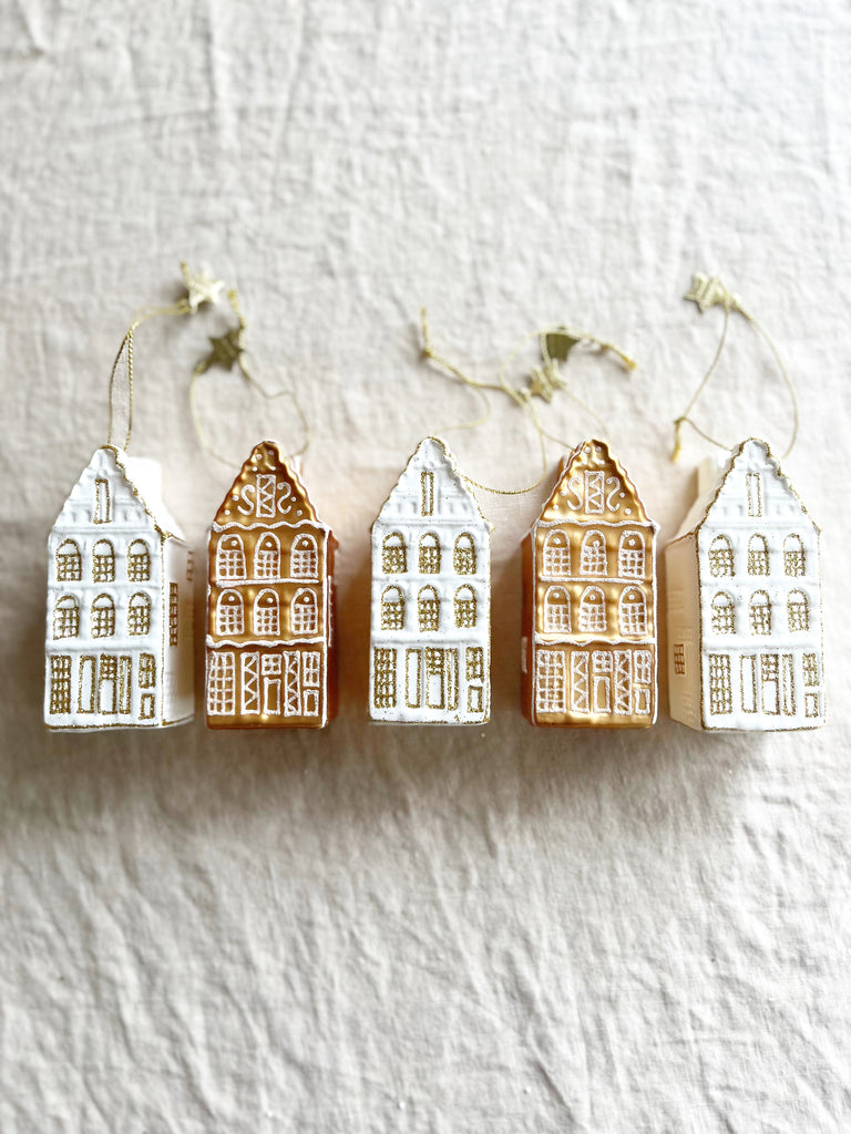 alternating step gable and gingerbread canal house glass christmas ornaments