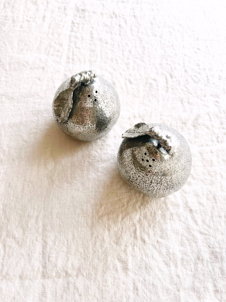 pear shaped pewter salt & pepper shakers top view