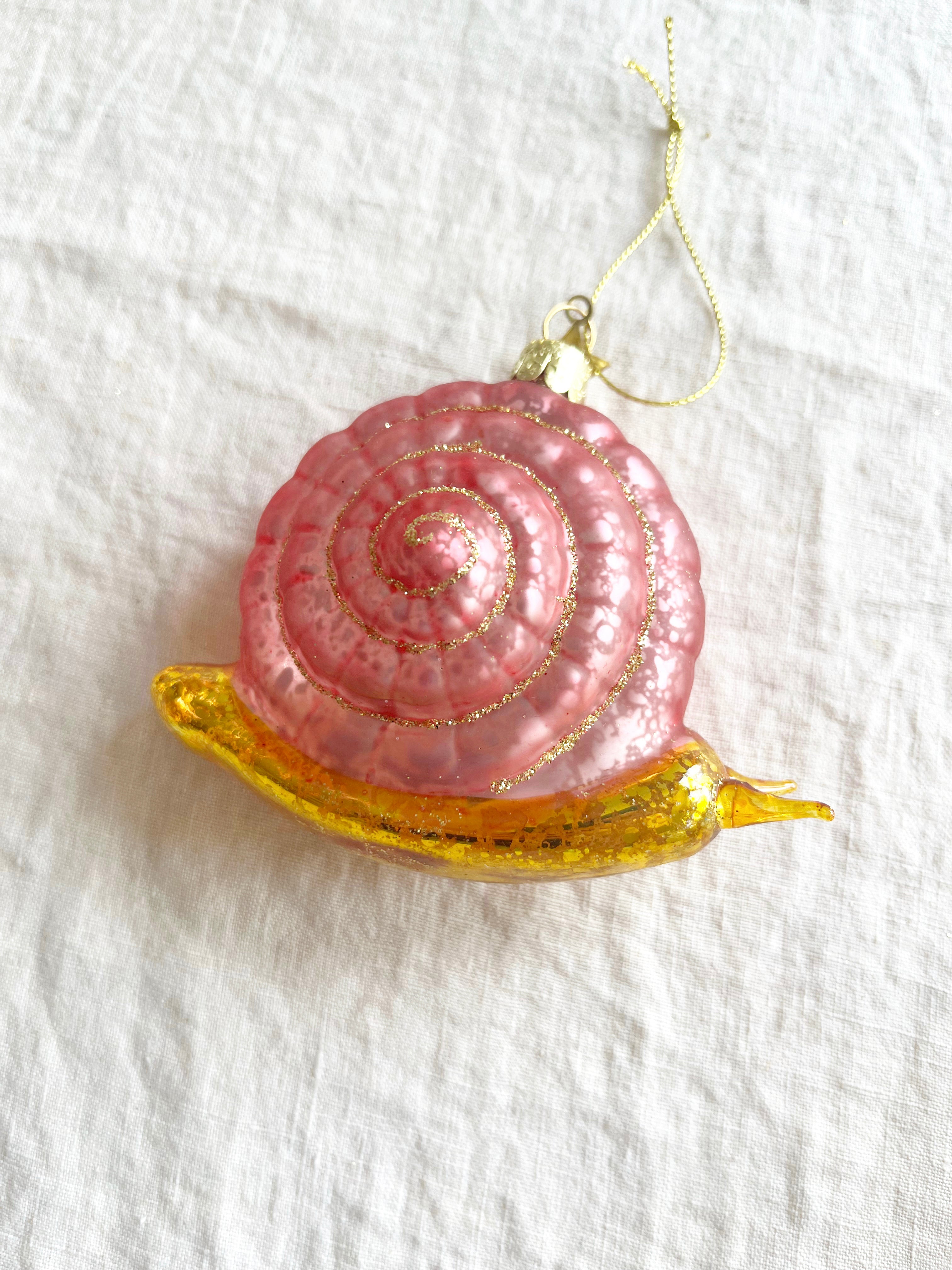 pink and gold snail glass christmas ornament detail view