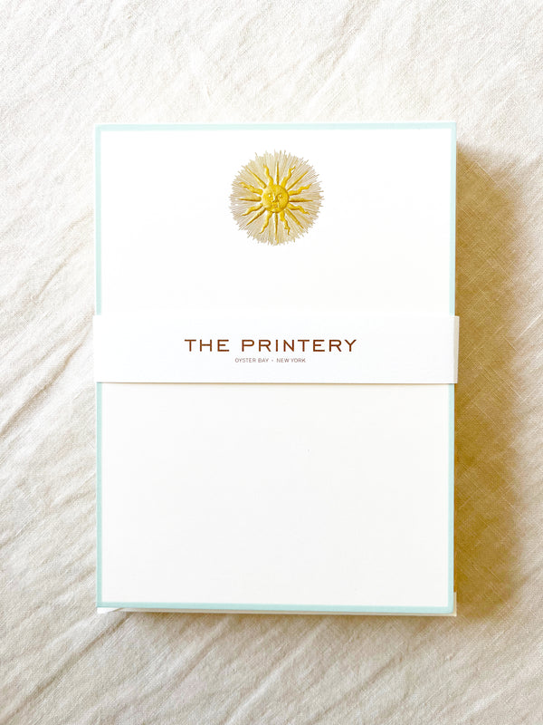 The Printery Sun Medallion Note Cards white with gold sun and beveled aqua edge 6.25 by 4.5 inches stacked