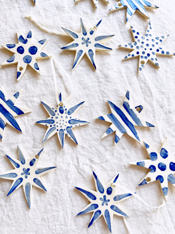 hand painted blue and white star christmas ornament