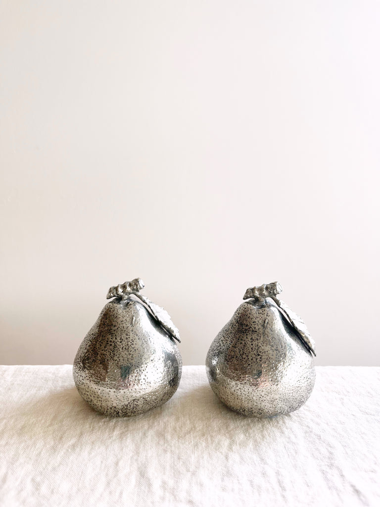 pear shaped pewter salt & pepper shakers close up view