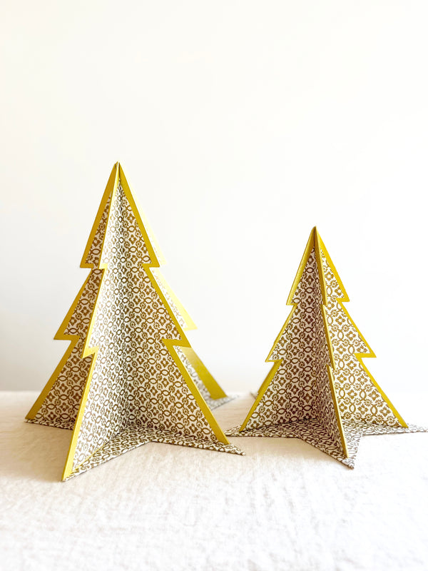 decorative paper Christmas tree stands with gold oval pattern shown in two sizes