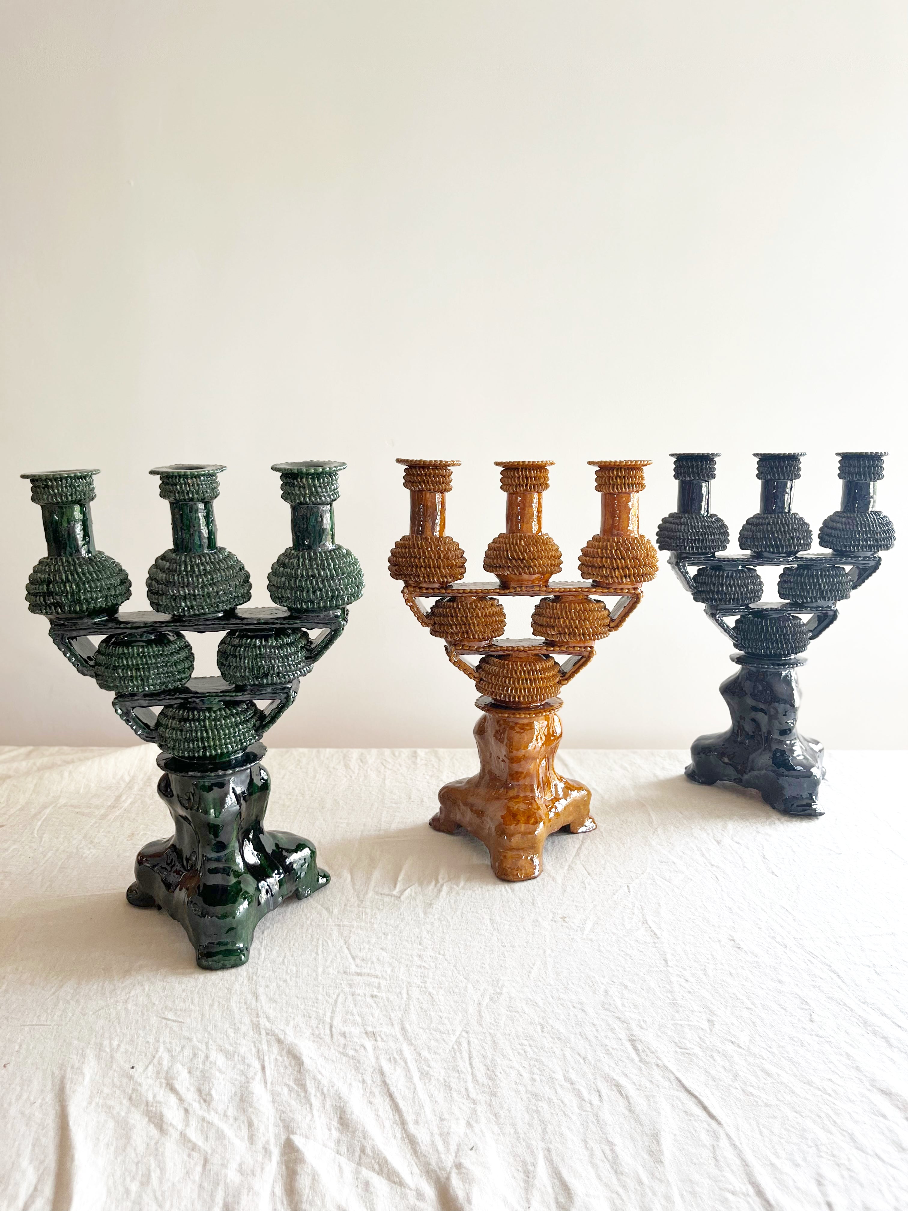 green ceramic candelabra 17.5 inch with blue and yellow