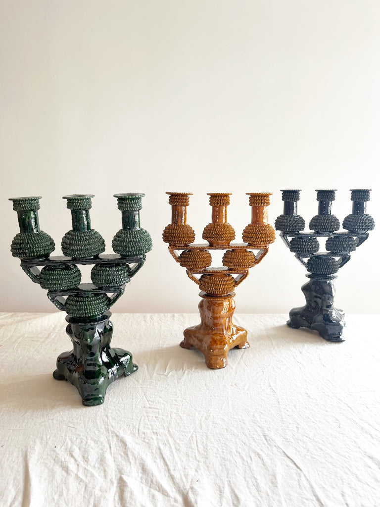 green ceramic candelabra 17.5 inch with blue and yellow