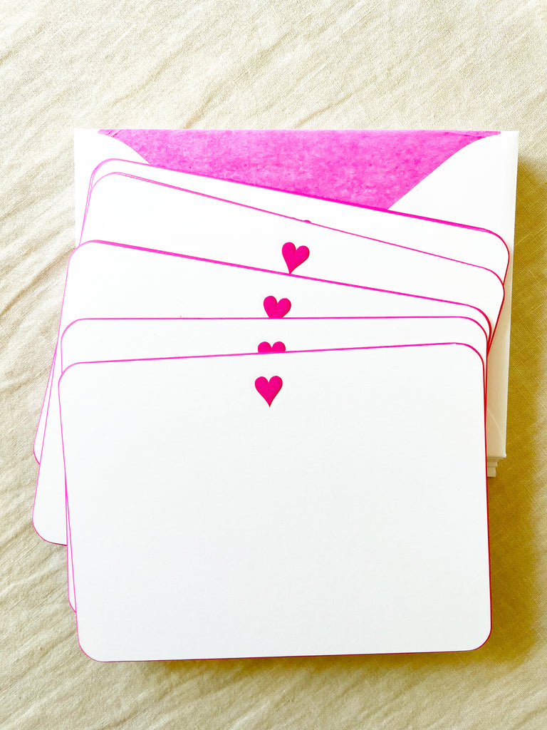 The Printery bold heart Note Cards white with pink heart and pink edge 6.25 by 4.5 inches shown with pink lined envelope
