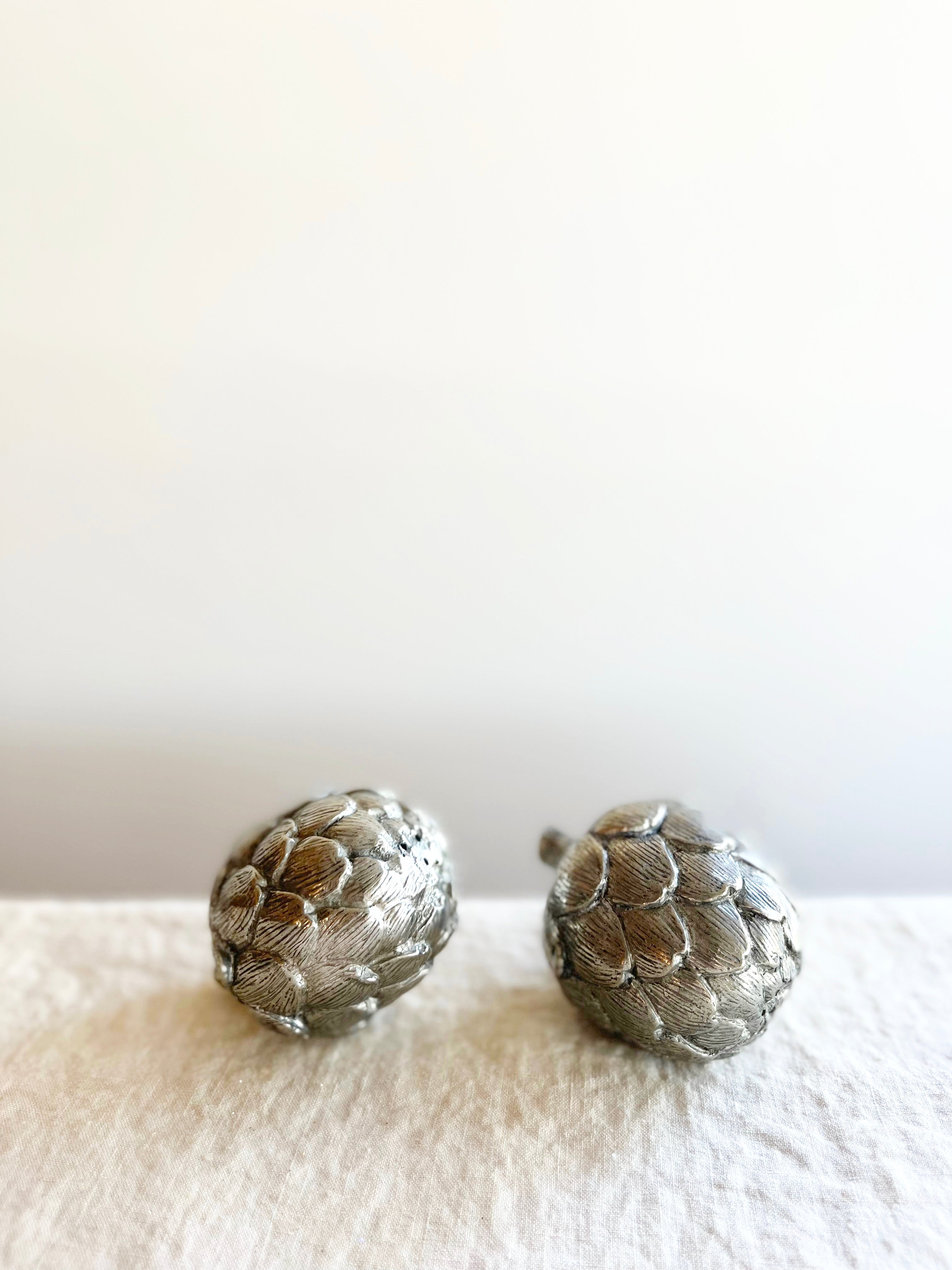 artichoke shaped pewter salt & pepper shakers close up