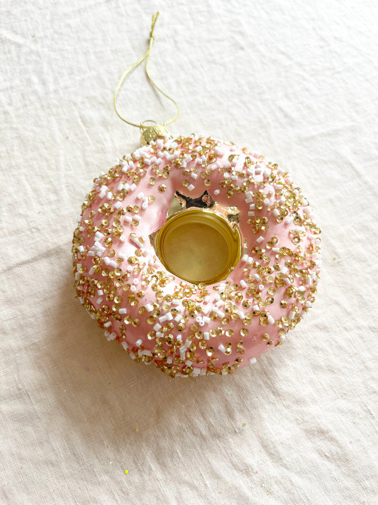 pink donut with gold sprinkles glass christmas ornament detail view