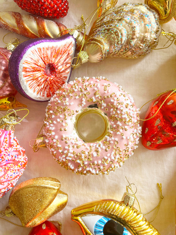 pink donut with gold sprinkles glass christmas ornament