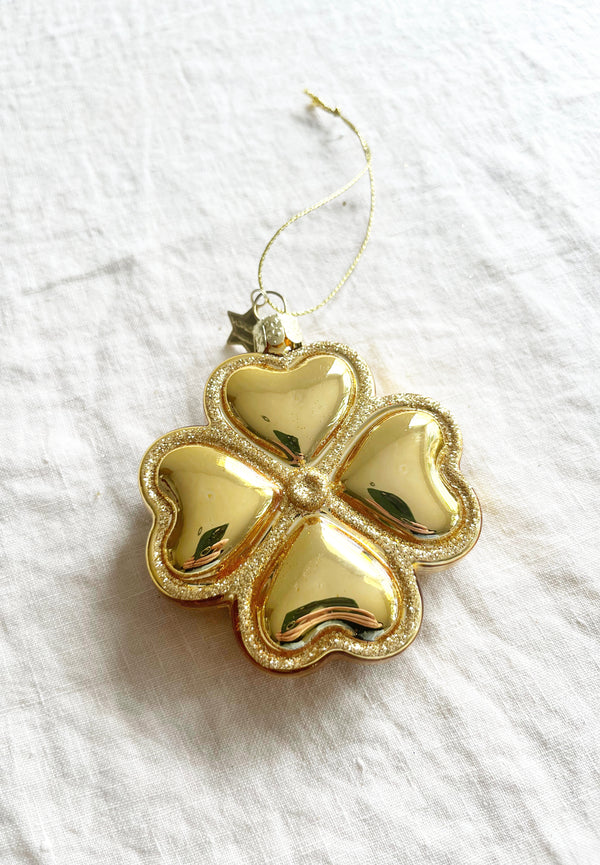 gold clover glass christmas ornament detail view