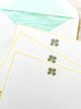 The Printery Four Leaf Clover Note Cards white with green four leaf clover and yellow edge 6.25 by 4.5 inches