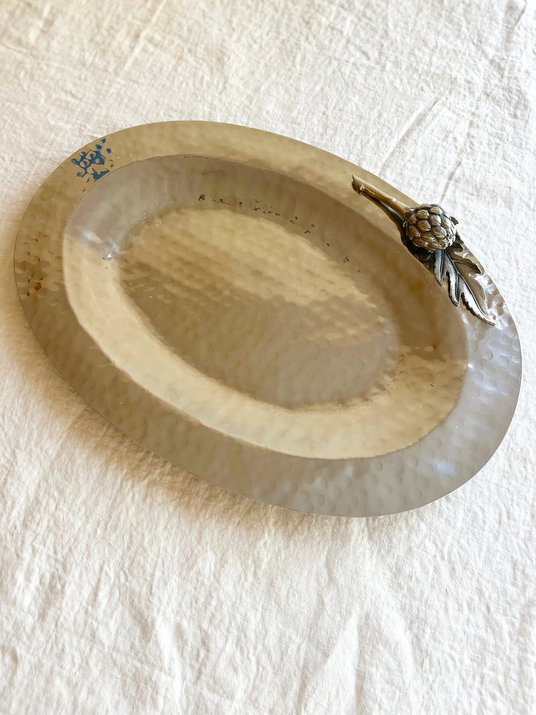 silver serving tray with artichoke diagonal view seventeen inch