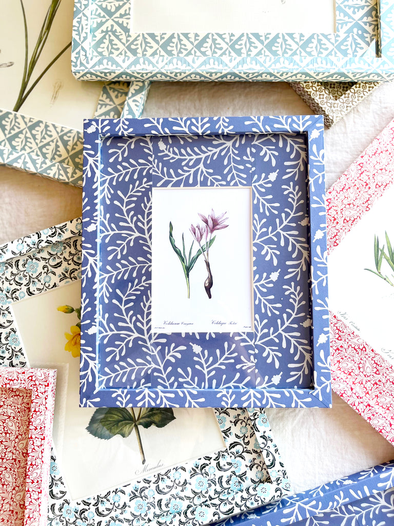 blue and white branch print paper wrapped frame and mat with purple floral botanical print 11" by 13" with other color options
