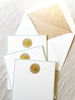 The Printery Sun Medallion Note Cards white with gold sun and beveled aqua edge 6.25 by 4.5 inches with gold lined envelope