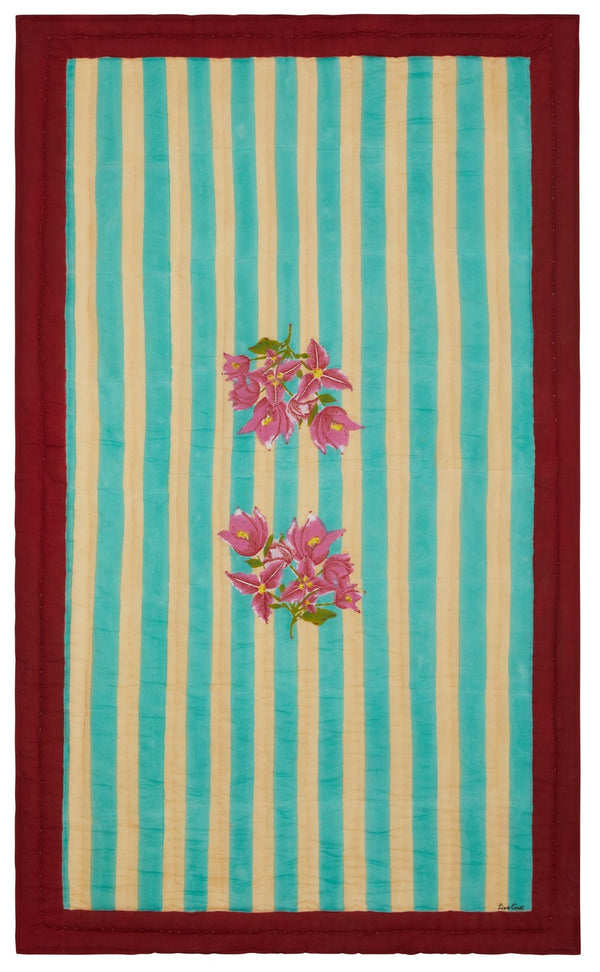 green striped cotton quilt with red border and bougainvillea in center 27 x 40 inches