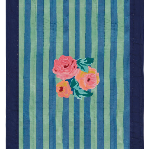 green and blue striped cotton quilt with navy border and roses in center 27 x 40 inches