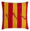 red and gold throw pillow cover with red and pink bouquet on one side 23.5 inches square back view showing tie closure
