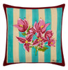 green and cream striped cotton throw pillow cover with pink bougainvillea in center 23.5 inches square detail view