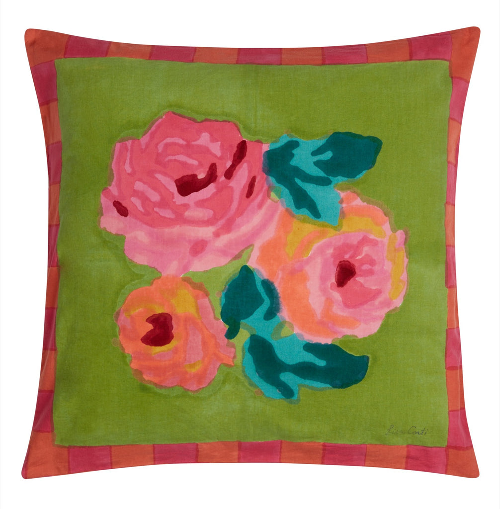 green throw pillow cover with pink border and pink roses in the middle 23.5" square front view