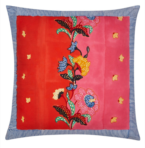red cotton throw pillow cover with red and yellow roses 23.5" square front view