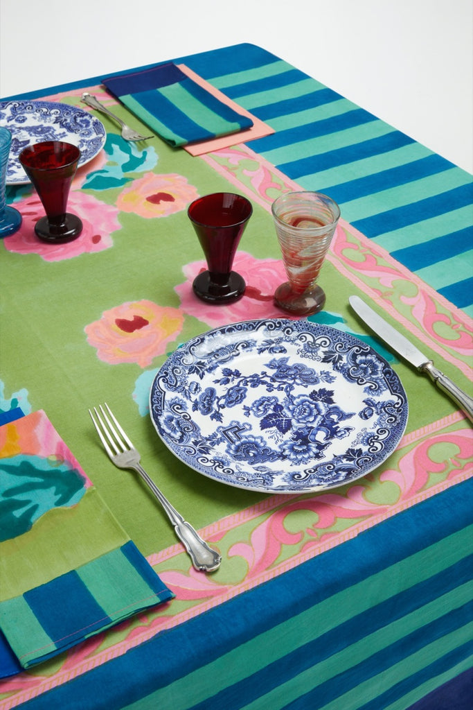 green and blue striped square cotton tablecloth with navy border and roses in center 86" by 86" with placesetting