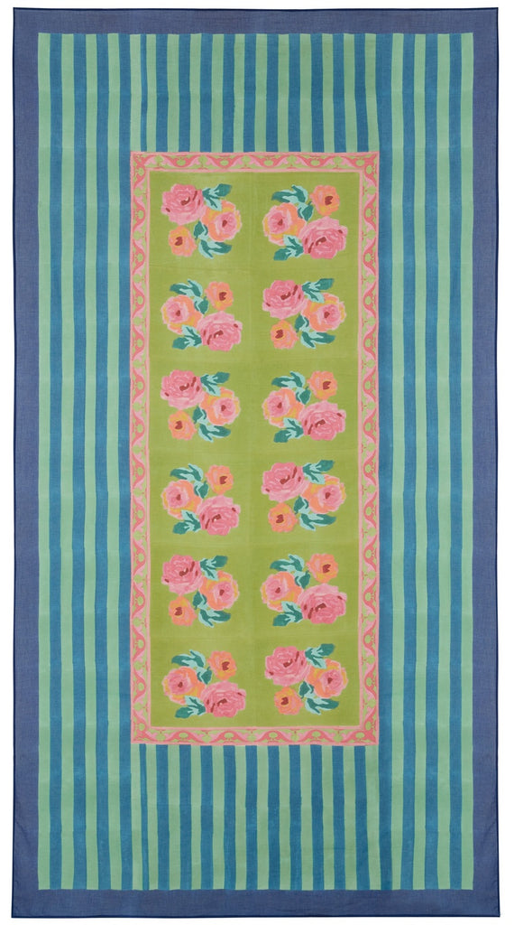 green and blue striped cotton tablecloth with navy border and roses in center 70" by 138"