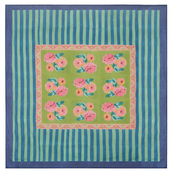 green and blue striped square cotton tablecloth with navy border and roses in center 86" by 86"