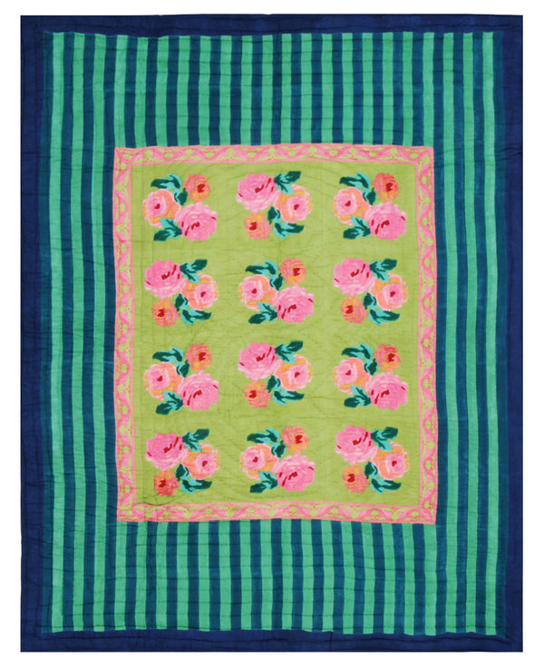 green and blue striped cotton quilt with navy border and roses in center 86" by 106" inches